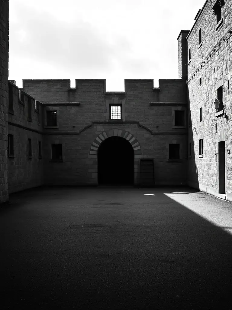 A panoramic view of the Kilmainham Gaol courtyard, highlighting the execution site and the somber atmosphere of the prison.